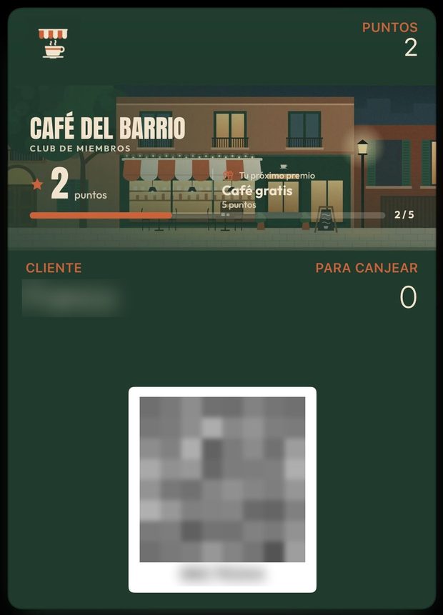 Tarjeta de puntos del Café del Barrio guardada en Apple Wallet: 2 puntos, próximo premio café gratis